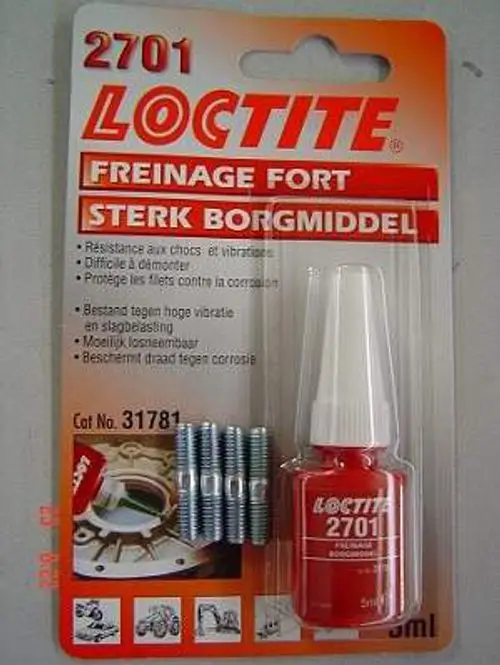 Loctite 2701, ein Schraubensicherungsmittel, mit vier enthaltenen Bolzen. Geeignet für Anwendungen mit Remeha Produkten. Gebrauchsanweisung auf der Verpackung abgedruckt.